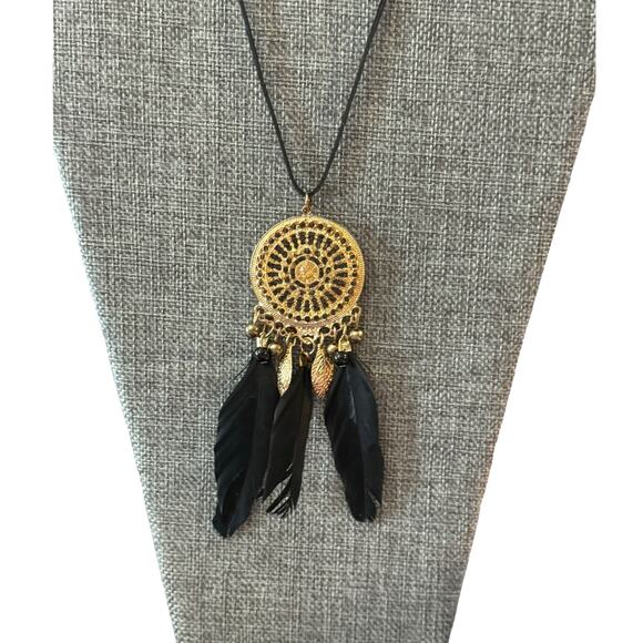 Black Feather Yellow Crystal Boho Gold Dreamcatcher Necklace - Picture 2 of 5